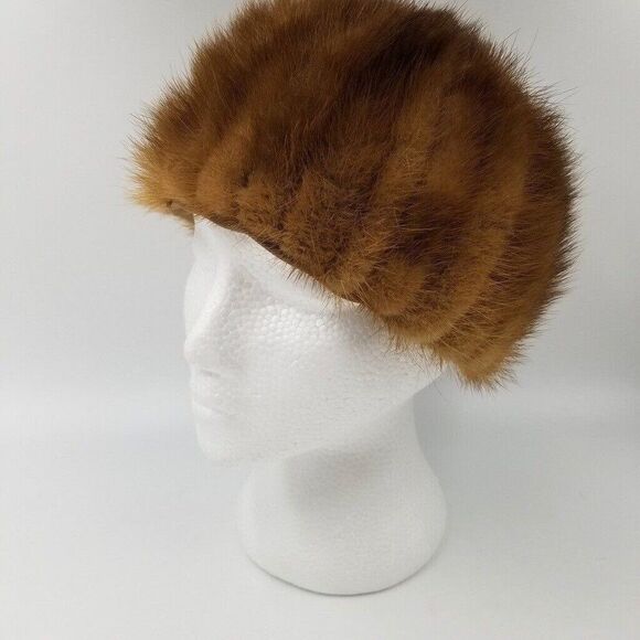 Vintage 60s Miss Alexis Mink Hat Fitted Beanie Brown Fur 7\